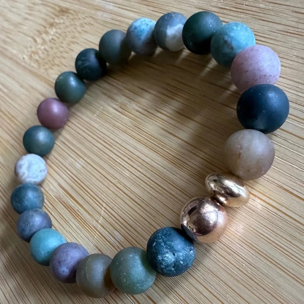 Matte Indian 8mm Agate Stretch Bracelet w/ 14k Gold & Rose Gold Spacers